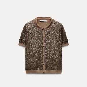 Zara Brown Sequin Short Sleeve Cardigan
